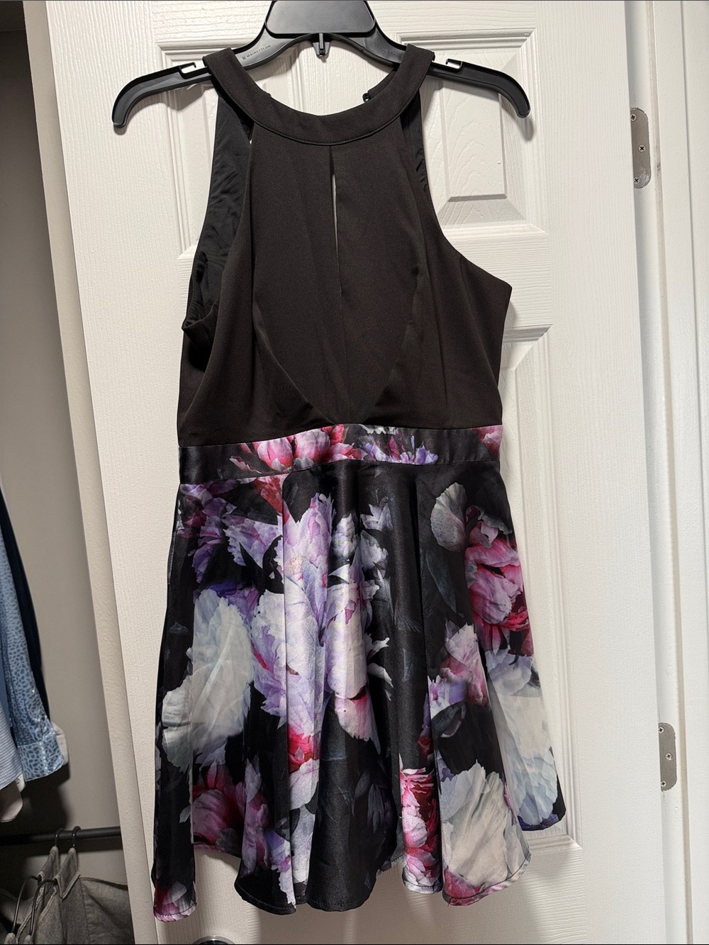 Black Halter Floral Skater Dress with Pink and Purple Print